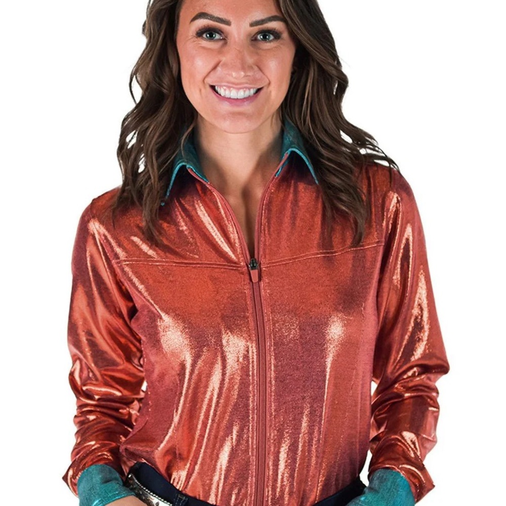 Cowgirl Tuff Metallic Coral Zip-Front Women's Top with Teal Accents - Picture 3 of 4